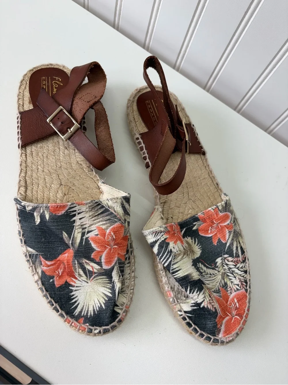 Floral Canvas Espadrille Sandals with Brown Ankle Strap - Navy & Orange